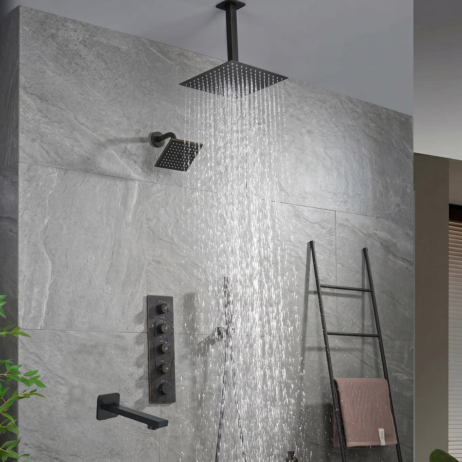Oil Rubbed Bronze Ceiling Mount Rainfall Shower Head with 4-Way Thermostatic System, Tub Spout, and High Water Pressure Wall Mount Shower Head