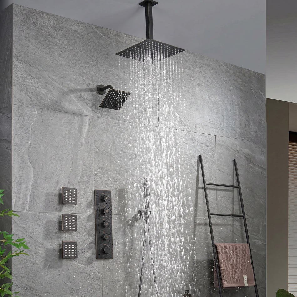 Oil Rubbed Bronze Ceiling Mount Rainfall Shower Head with 4-Way Thermostatic System, Body Jets, and High Water Pressure Wall Mount Shower Head