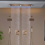 Champagne Bronze Flush Mount 32 x 8 inch Rainfall 64 LED Light Shower Head with 6-Way Thermostatic Faucet and High-Pressure Dual Regular Heads