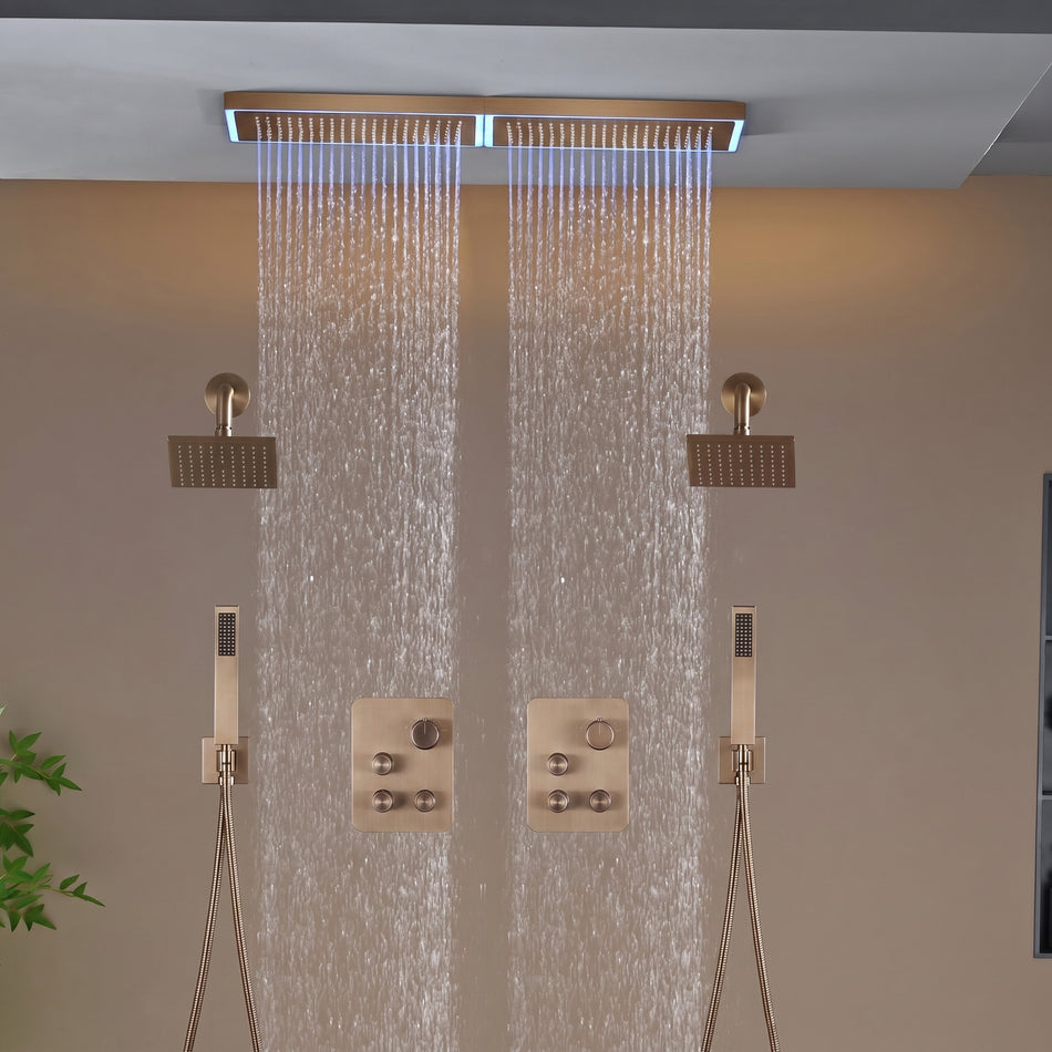 Champagne Bronze Flush Mount 32 x 8 inch Rainfall 64 LED Light Shower Head with 6-Way Thermostatic Faucet and High-Pressure Dual Regular Heads