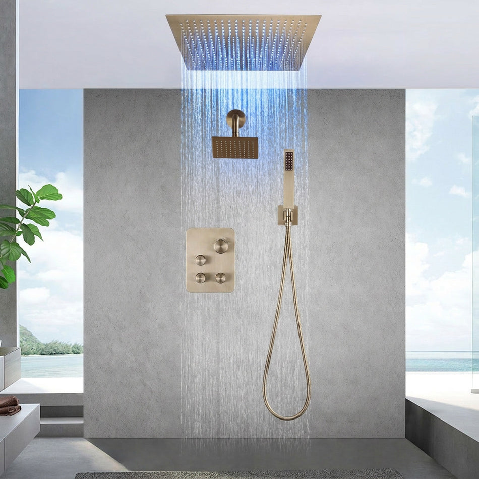 Champagne Bronze 6" Wall Mount High Pressure Shower Head with 20" Flush Mount LED Rainfall Head: 3-Way Thermostatic System