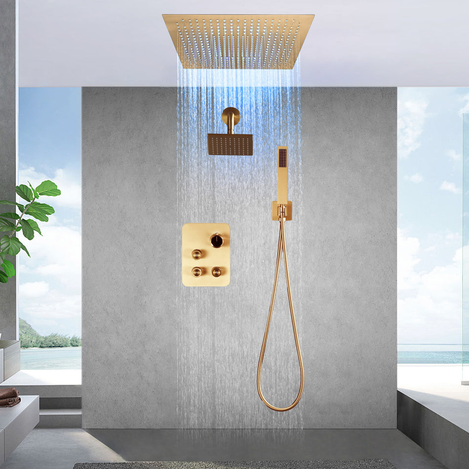 Champagne Bronze 6" Wall Mount High Pressure Shower Head with 20" Flush Mount LED Rainfall Head: 3-Way Thermostatic System
