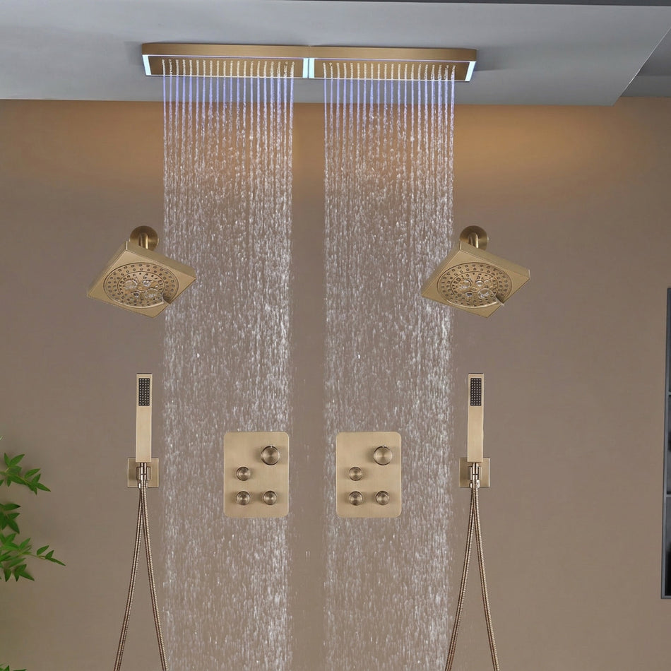 Champagne Bronze Flush Mount 32 x 8 inch Rainfall 64 LED Light Shower Head with 6-Way Thermostatic Faucet and High-Pressure Dual Regular Heads