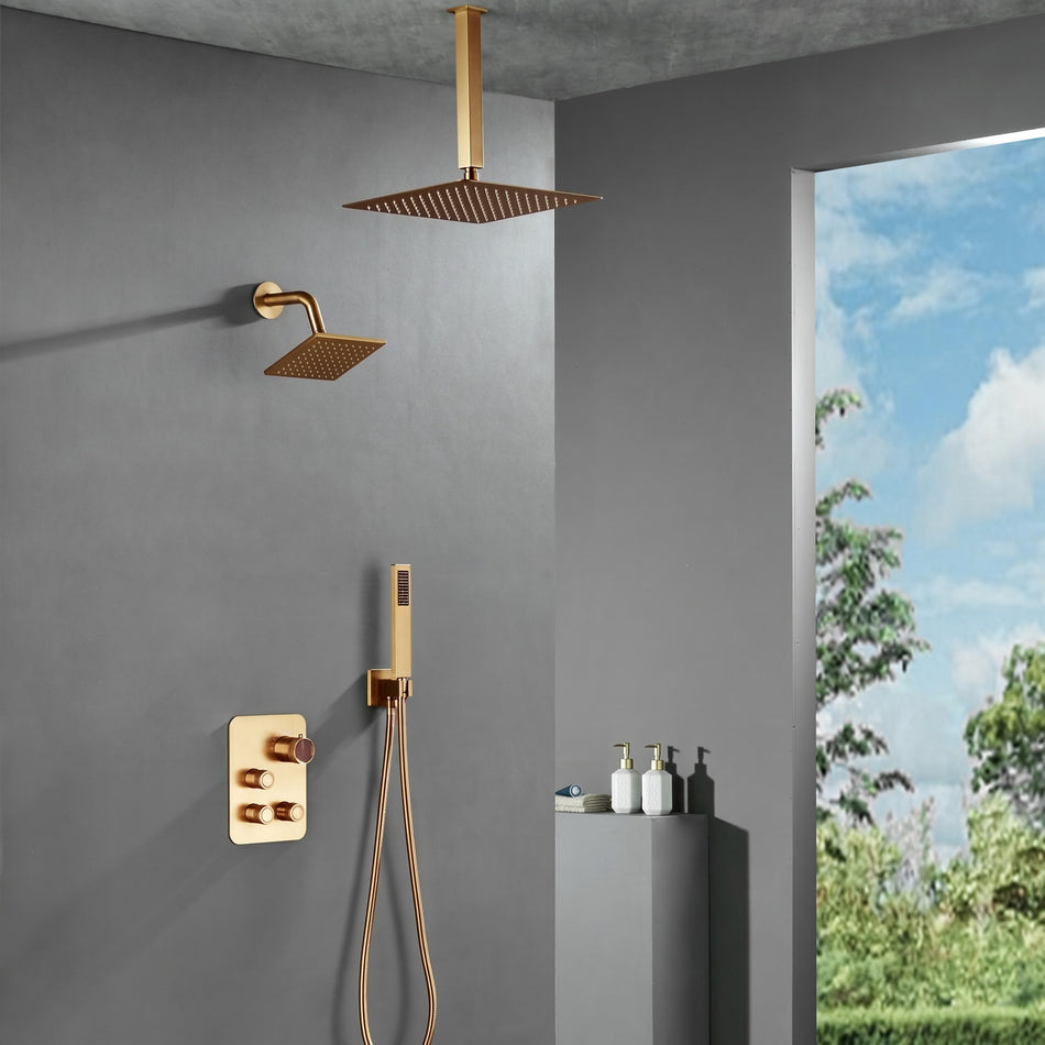 Champagne Bronze 12" or "16" Rainfall Head 3-Way Thermostatic Shower Faucet with Regular Head