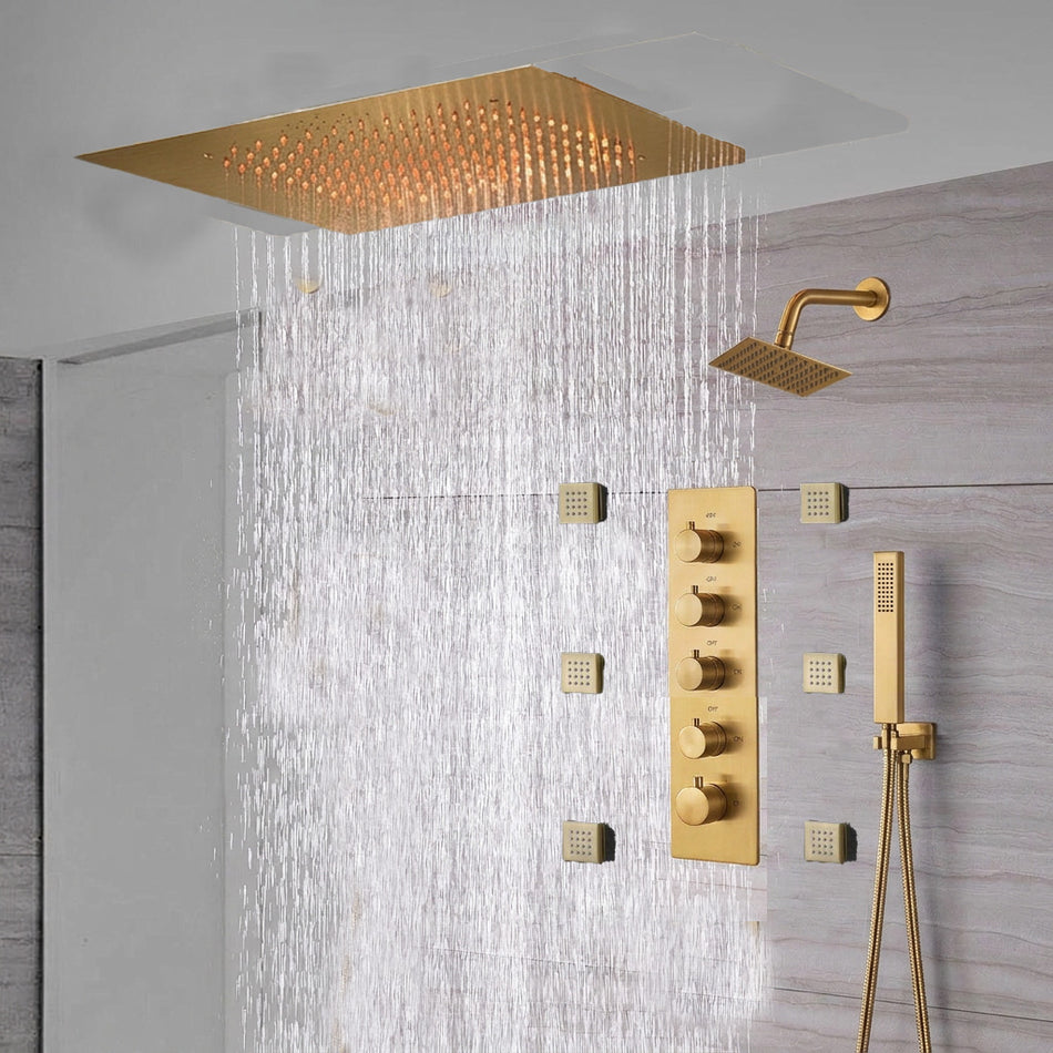 rainfall 24'' Flush mounted matte Black 4 way thermostatic shower faucets With regular head and body jets