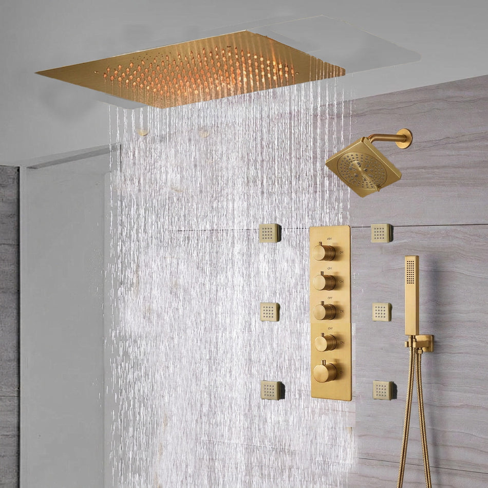 rainfall 24'' Flush mounted matte Black 4 way thermostatic shower faucets With regular head and body jets