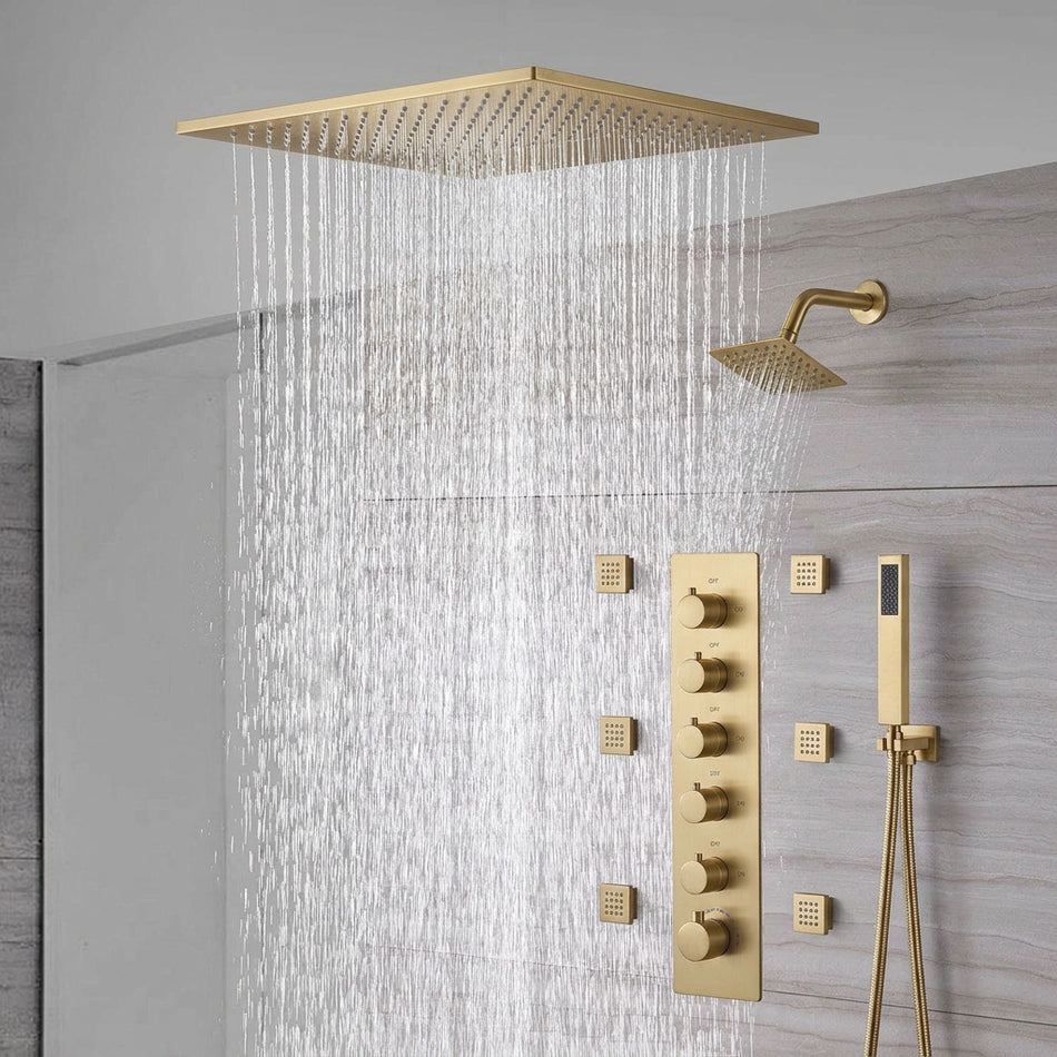 20-Inch  Ceiling Mount Rainfall Waterfall Shower System: Complete with 5-Way Thermostatic Valve and 6 Body Jets and Regular Head