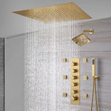20-Inch Brushed Gold Flush  Mount Rainfall Waterfall Shower System: Complete with 5-Way Thermostatic Valve and 6 Body Jets and Regular Head