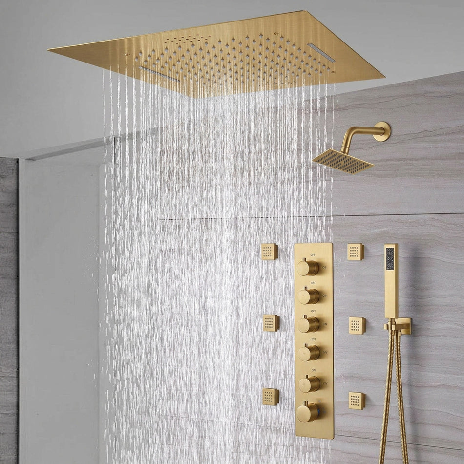 20-Inch Brushed Gold Flush  Mount Rainfall Waterfall Shower System: Complete with 5-Way Thermostatic Valve and 6 Body Jets and Regular Head