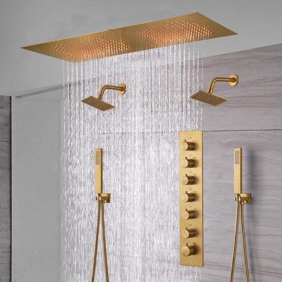 24x 48 Inch Matte Black Flush Mount Rainfall Shower System: Complete with 6-Way Thermostatic Valve and  Dual Regular Heads