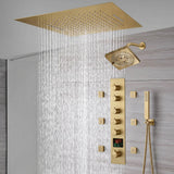 20-Inch Brushed Gold Flush  Mount Rainfall Waterfall Shower System: Complete with 5-Way Thermostatic Valve and 6 Body Jets and Regular Head
