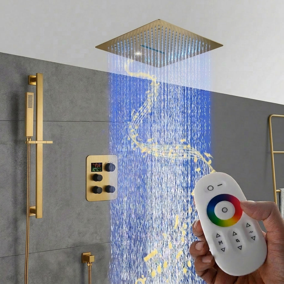 16-Inch Chrome Digital Thermostatic Shower Faucet: 3-Way Control, Flush-Mounted, 64-Color LED Shower Head and Sliding Bar Features