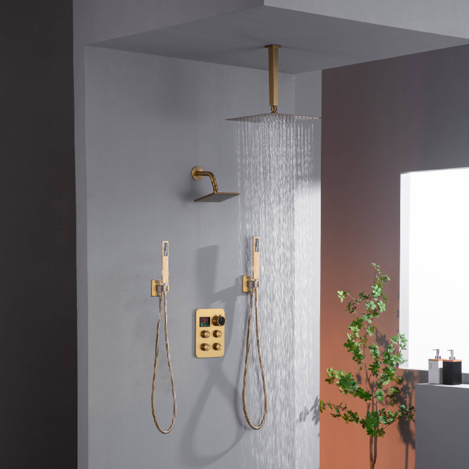 12" or 16" Ceiling Mount Rain Head with 4-Way Thermostatic Faucet and Dual Regular Heads