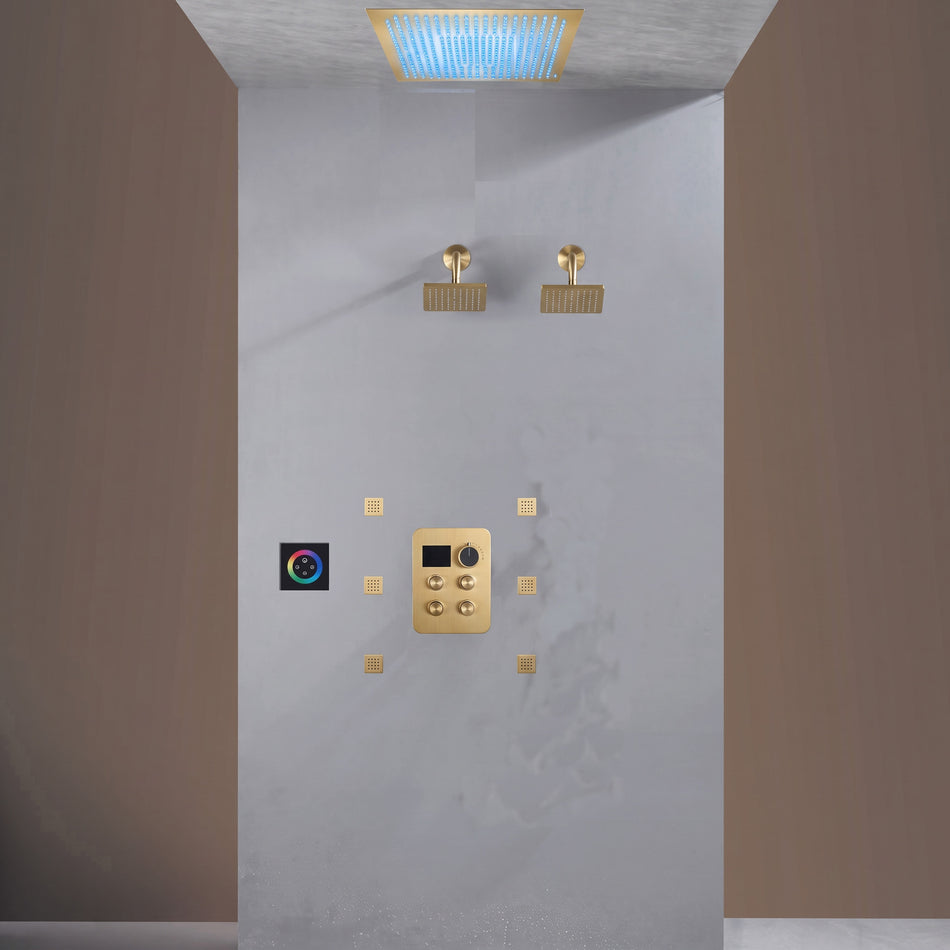 Flush Mount Shower Faucet Set with 4-Way Digital Thermostatic Control, 64-Color LED Lights ,Dual Regular Heads