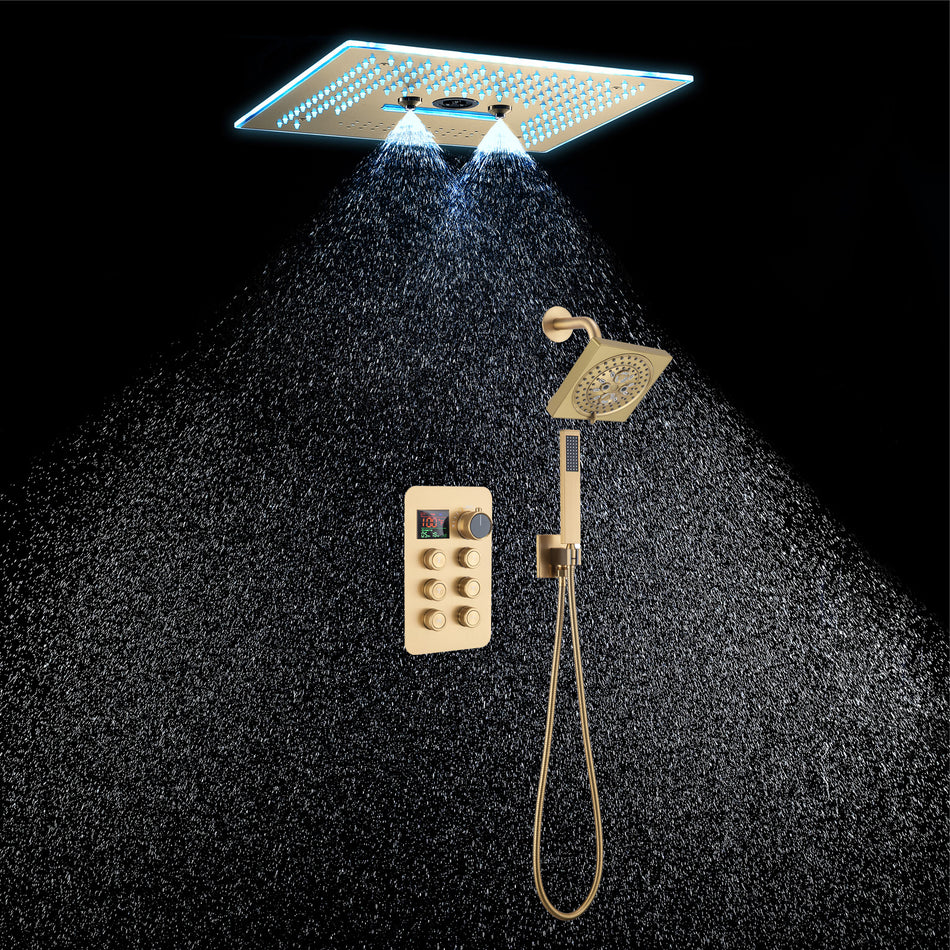 16-Inch Rainfall Waterfall Mist Water Column Flush Mount Shower Faucet Set with 6-Way Thermostatic Control, 64-Color LED, Bluetooth Music, Rainfall-Waterfall-Mist Features, Rotating Hydro Jet, and Regular Head