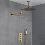 Brushed Gold High Pressure Rainfall Shower Head with 3-Way Thermostatic Shower Faucet - Simultaneous and Independent Functionality