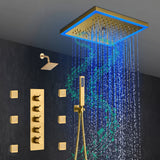 12-Inch Brushed Gold Flush Mount Shower Faucet Set: 4-Way Thermostatic Control, 64-Color LED Lights, Bluetooth Music, and Regular Head and body jets