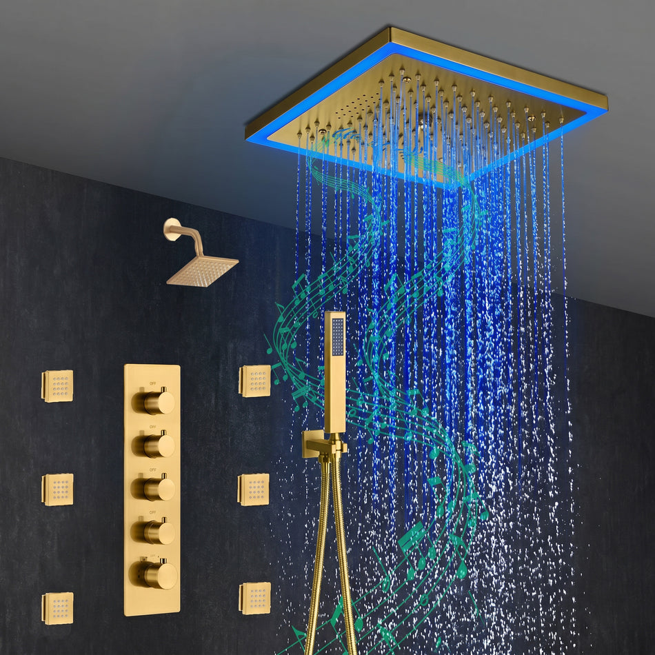 12-Inch Brushed Gold Flush Mount Shower Faucet Set: 4-Way Thermostatic Control, 64-Color LED Lights, Bluetooth Music, and Regular Head and body jets