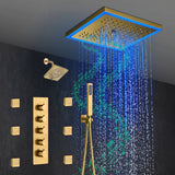 12-Inch Brushed Gold Flush Mount Shower Faucet Set: 4-Way Thermostatic Control, 64-Color LED Lights, Bluetooth Music, and Regular Head and body jets