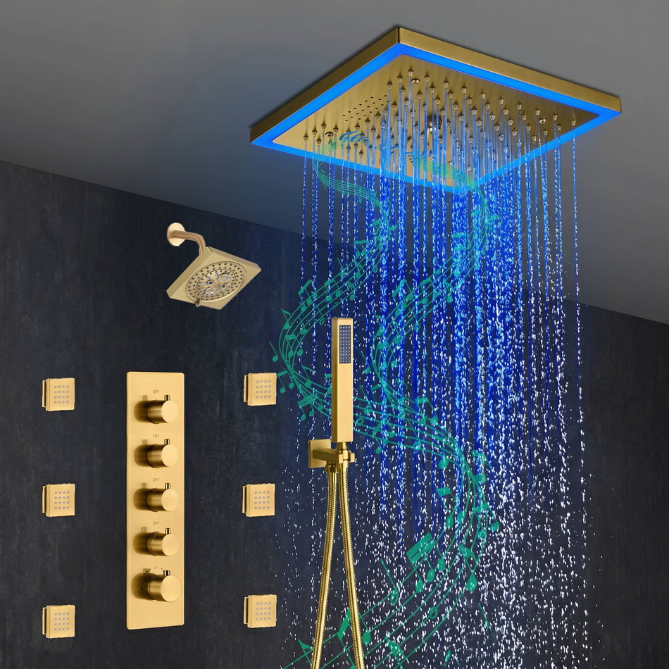 12-Inch Brushed Gold Flush Mount Shower Faucet Set: 4-Way Thermostatic Control, 64-Color LED Lights, Bluetooth Music, and Regular Head and body jets