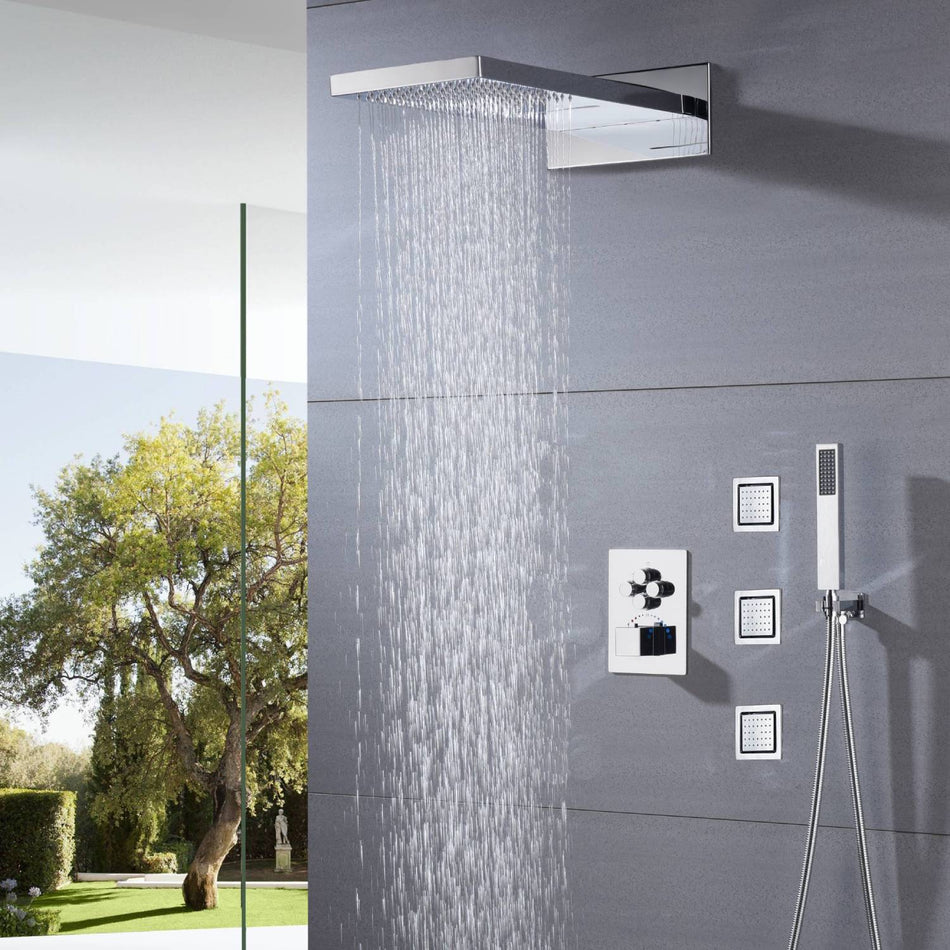 4 way thermostatic valve Chrome 22'' waterfall rainfall Thermostatic Shower system with flush 4inch body jets