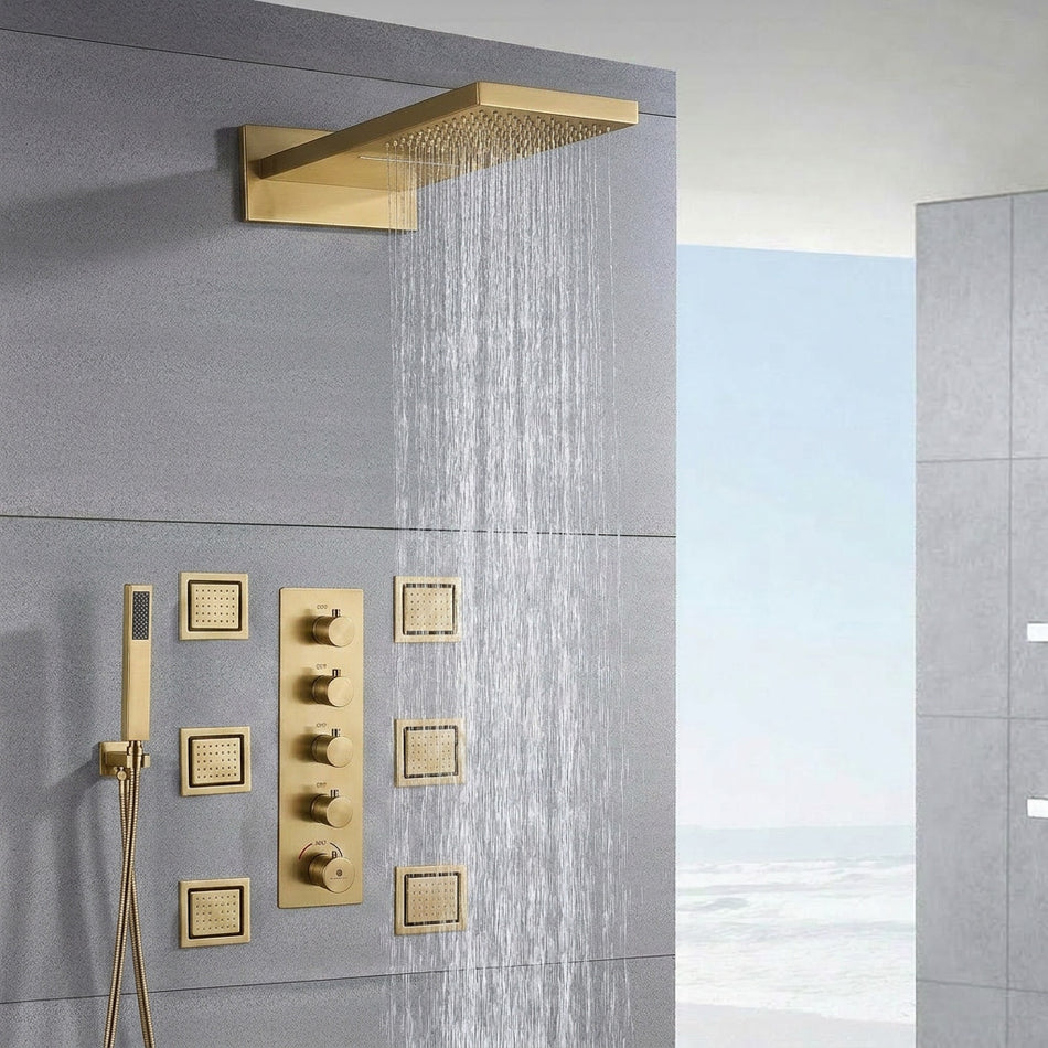 22'' Matte Black or Brushed nickel or brushed gold 4-Way Thermostatic Shower System with Waterfall, Rainfall, and Body Jets