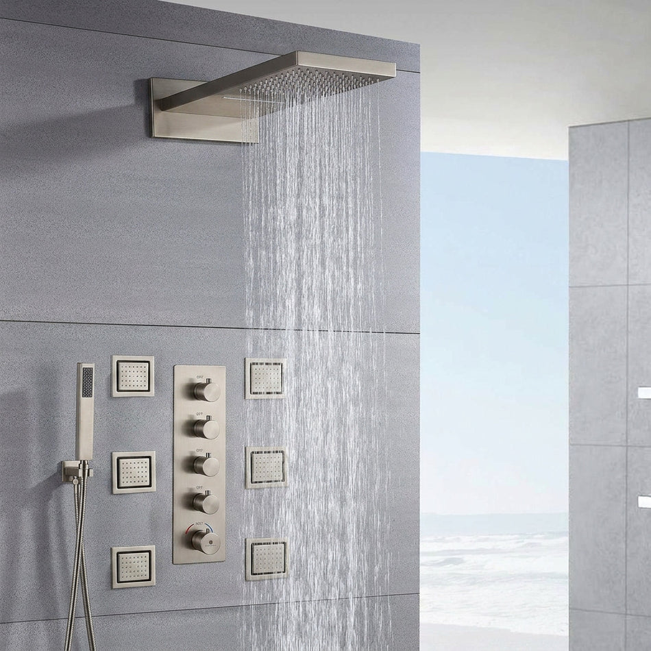 22'' Matte Black or Brushed nickel or brushed gold 4-Way Thermostatic Shower System with Waterfall, Rainfall, and Body Jets