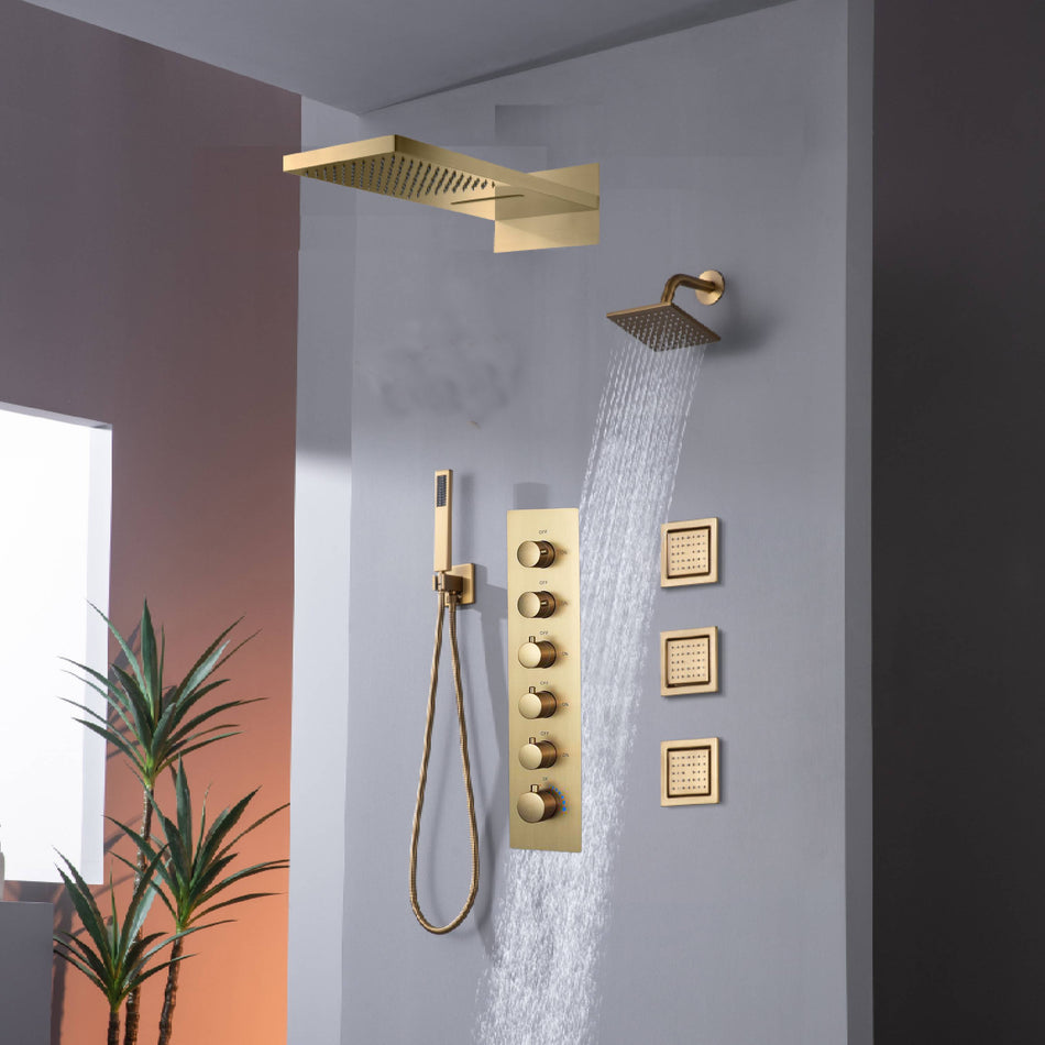 22" Rainfall Waterfall Shower System with 5-Way Thermostatic Faucet, Dual Regular Head, Body Jets