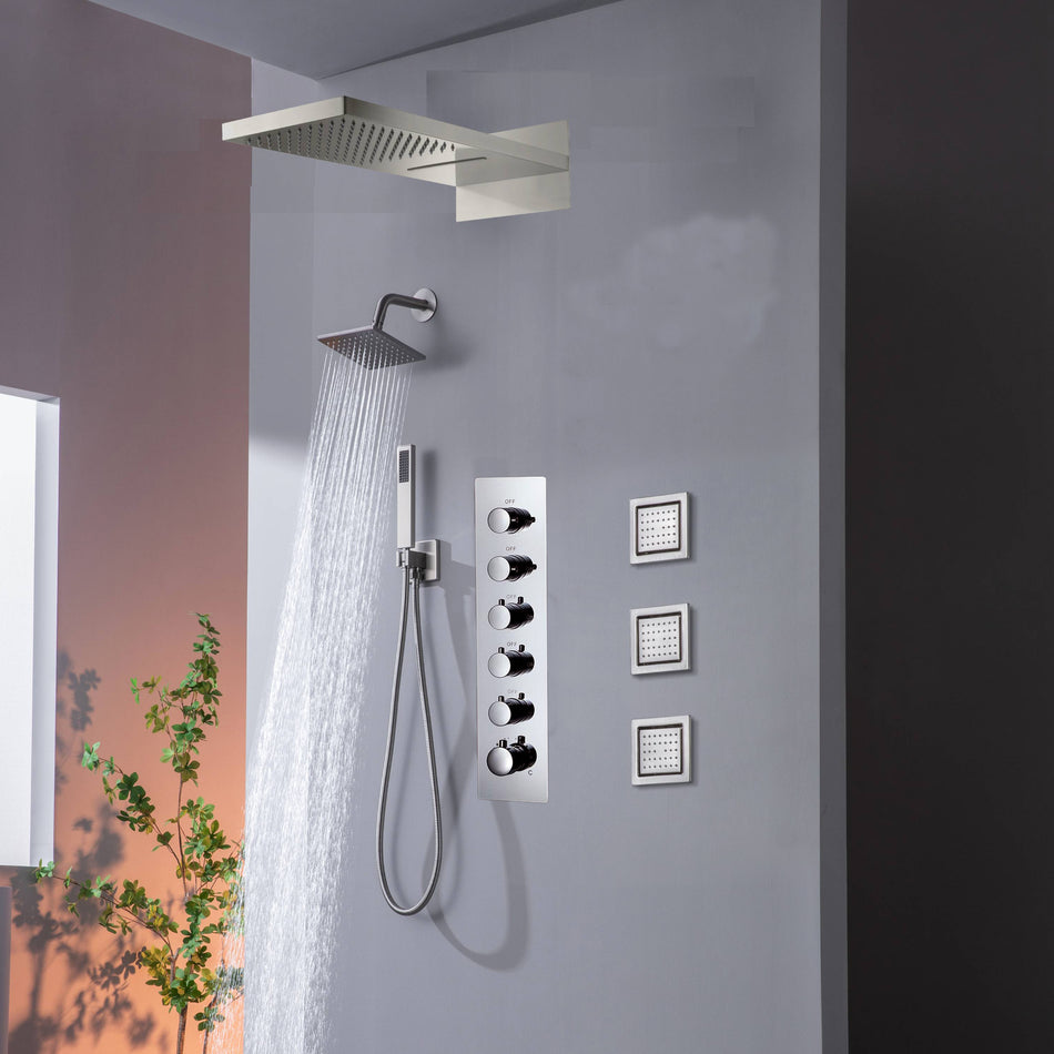 22" Rainfall Waterfall Shower System with 5-Way Thermostatic Faucet, Dual Regular Head, Body Jets