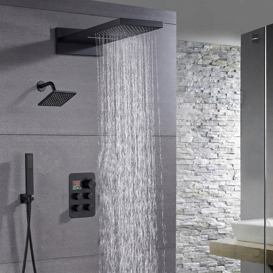 22'' Rainfall Waterfall Shower Head 4 way Thermostatic Shower System: Waterfall, Rainfall, Regular Head and Handle Wand