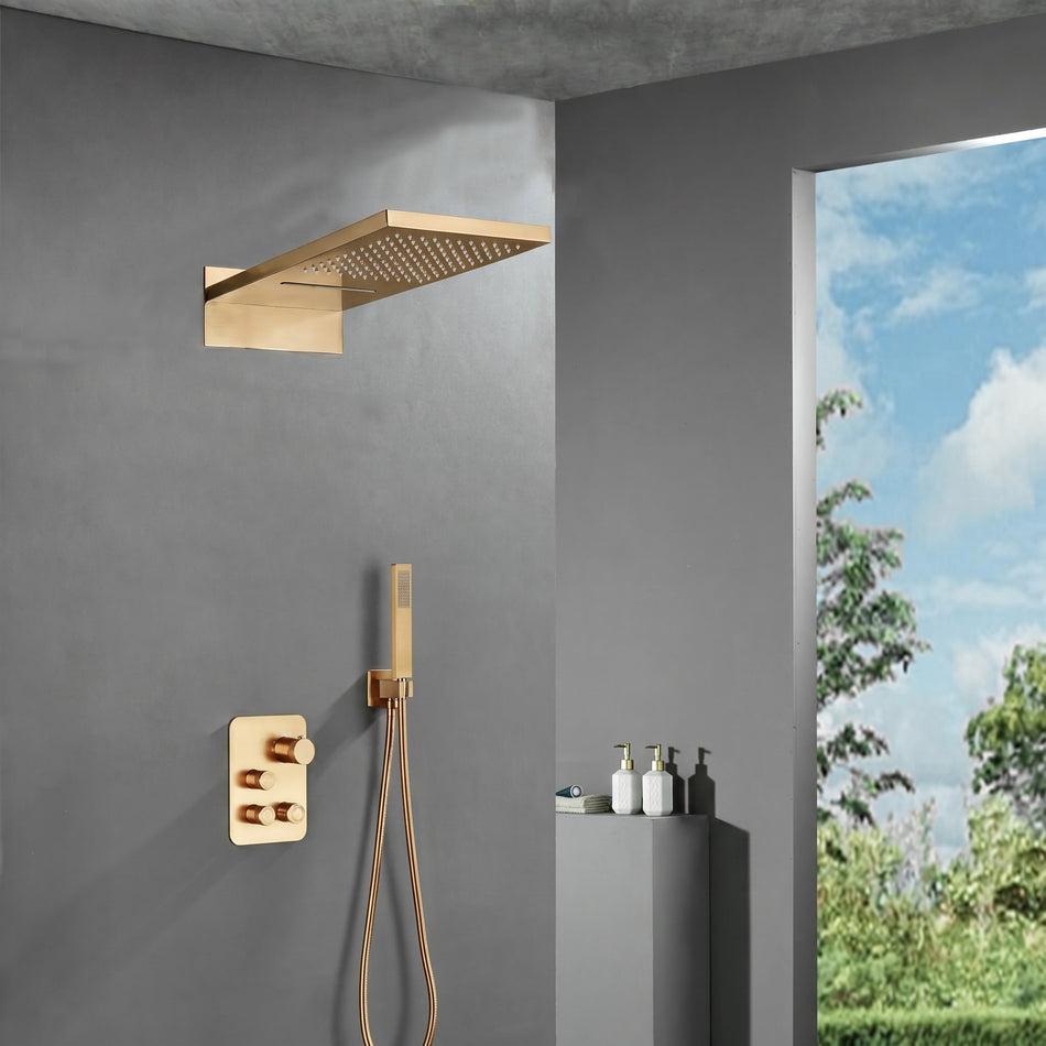 22-Inch Rainfall Waterfall Champagne Bronze 3-Way Thermostatic Shower System: Featuring a rainfall waterfall head with Simultaneous and Independent Functionality