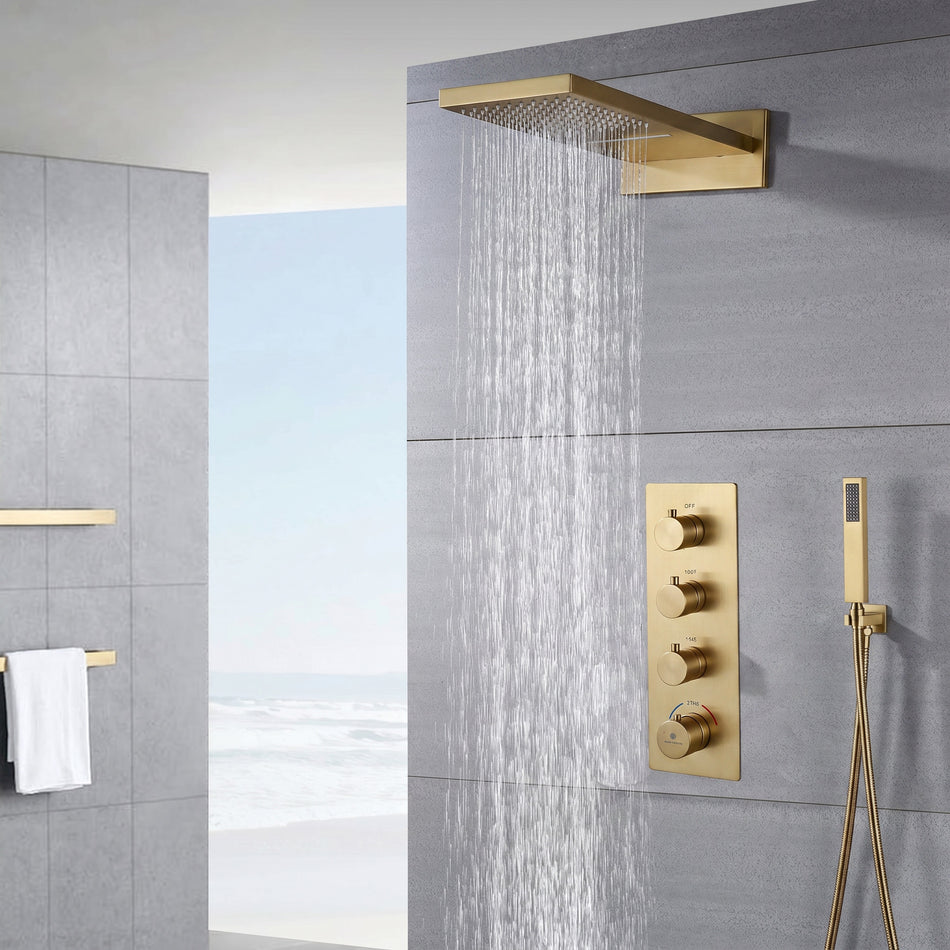 Matte black or chrome 22 inch rainfall waterfall shower head 3 way thermostatic shower system with handle sprayer