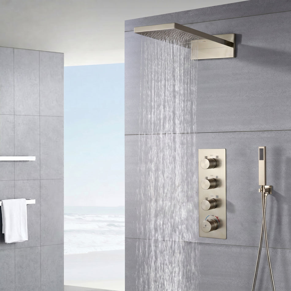 Matte black or chrome 22 inch rainfall waterfall shower head 3 way thermostatic shower system with handle sprayer