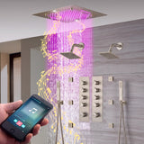 20-Inch  Rainfall, Waterfall, and Mist Shower System with LED Colors, Bluetooth Music, 8-Way Thermostatic Valve, 6 Body Jets, and Dual Regular heads