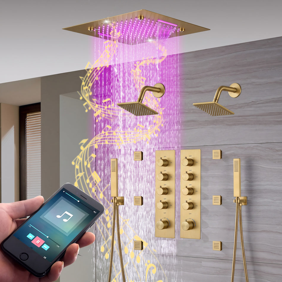 20-Inch  Rainfall, Waterfall, and Mist Shower System with LED Colors, Bluetooth Music, 8-Way Thermostatic Valve, 6 Body Jets, and Dual Regular heads