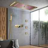 Brushed Gold 35" Bluetooth Music LED Shower System with Waterfall,rainfall water column  6-Way Digital Thermostatic Valve,  Body Jets, Touch Panel