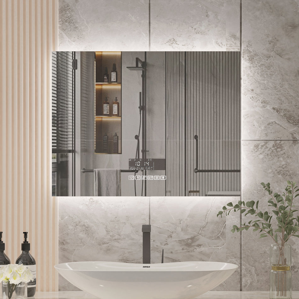 Smart Bluetooth Enabled Mirror: Featuring Temperature Display, Fog-Free Technology, LED Lighting, and Touch Sensor Makeup Functionality for an Elegant and Functional Wall Accent