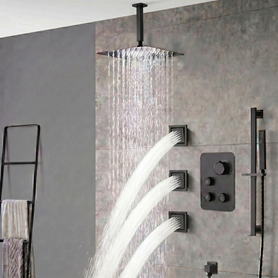 12inch LED matt black 3 way digital thermostatic shower faucet with sliding bar and 4inch body jets