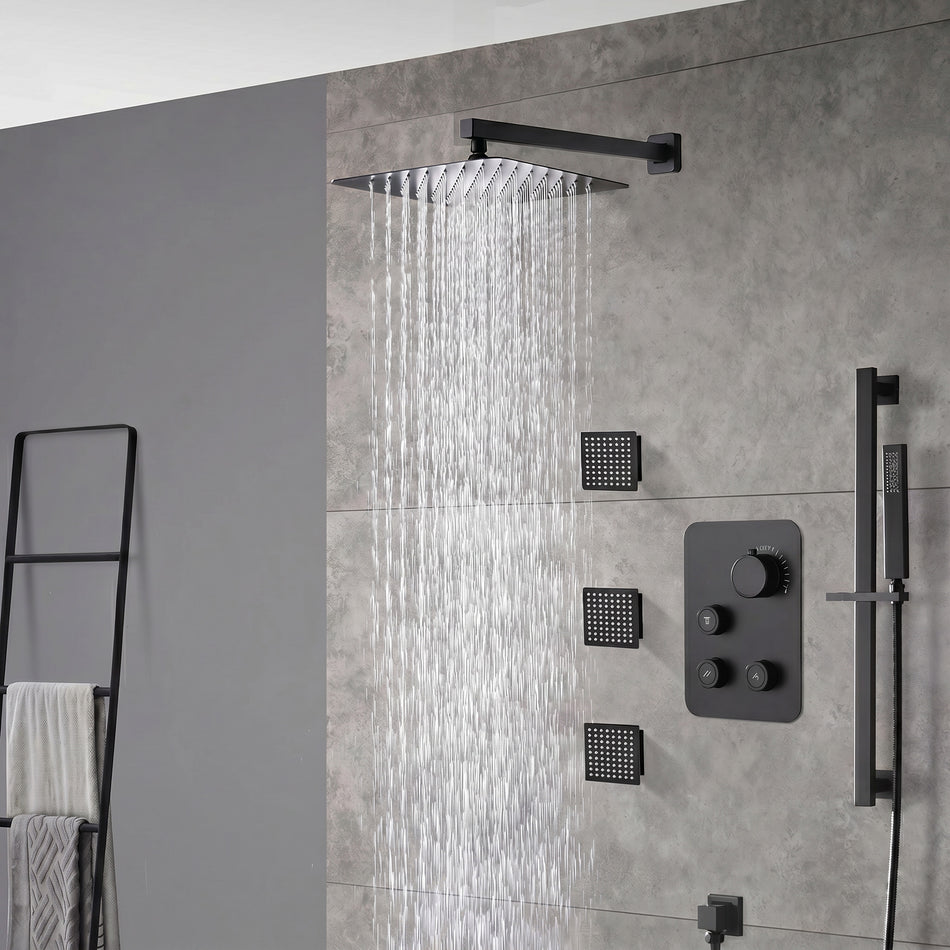 matte black Wall mount 12 inch or 16 inch rain head 3 way digital display thermostatic shower faucet with large body sprayers