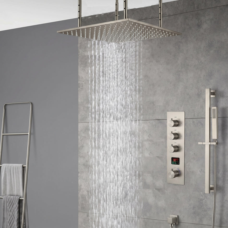 20inch matte black ceiling mount rainfall waterfall shower systems 3 way digital thermostatic valve