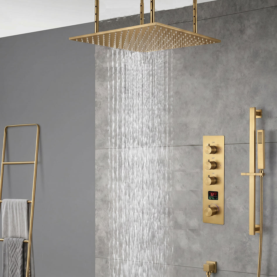 20inch matte black ceiling mount rainfall waterfall shower systems 3 way digital thermostatic valve