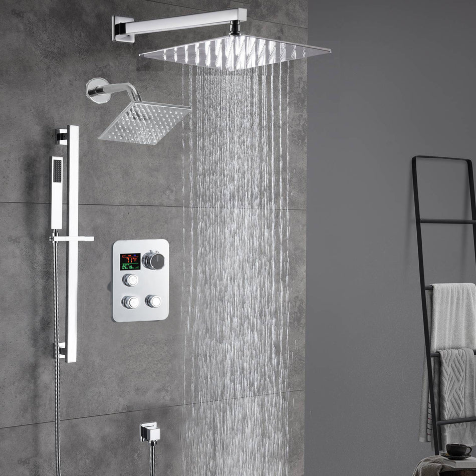 Chrome Wall Mount 12-Inch or 16-Inch Rain Shower System: LED or Non-LED, 3-Way Digital Thermostatic Control, Sliding Bar, and 6-Inch Regular Head