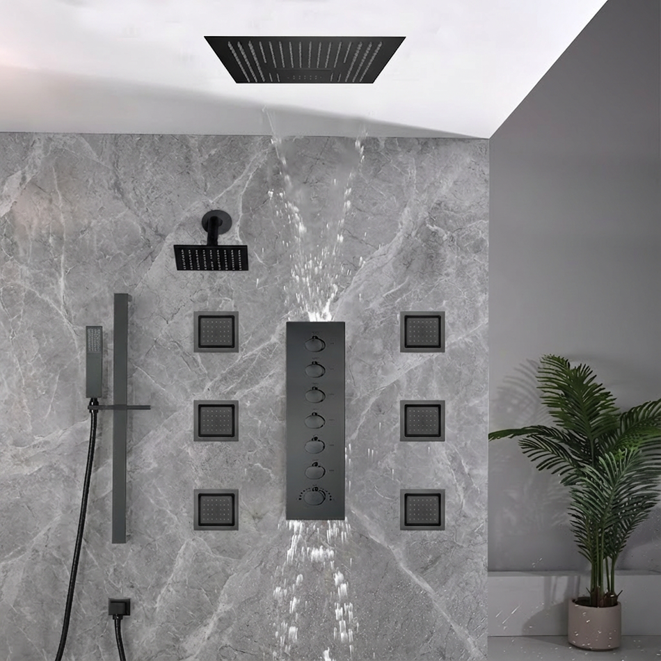 16 inch  flush-mount or ceiling mount rainfall waterfall shower systems 6 way thermostatic valve with 6 body jets and sliding bar and  regular head