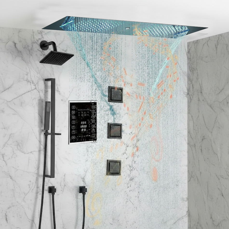 Matte Black 35" Bluetooth Music LED Shower System with Waterfall, 6-Way Touch Digital Thermostatic Valve, 3 Body Jets
