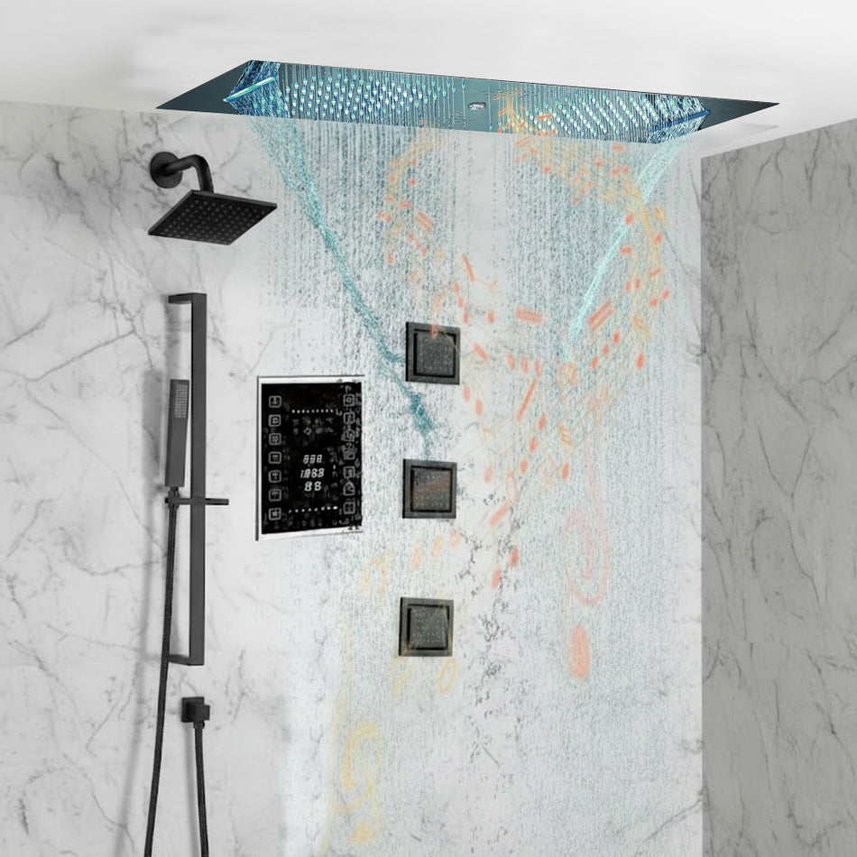Matte Black 35" Bluetooth Music LED Shower System with Waterfall, 6-Way Touch Digital Thermostatic Valve, 3 Body Jets