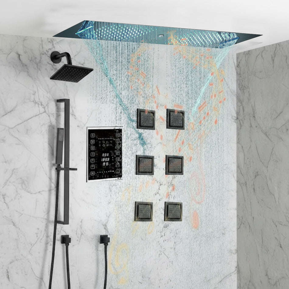 Matte Black 35" Bluetooth Music LED Shower System with Waterfall, 6-Way Touch Digital Thermostatic Valve, 3 Body Jets