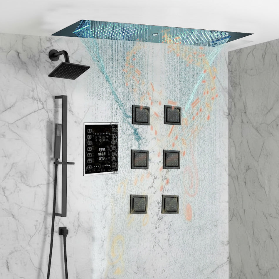 Matte Black 35" Bluetooth Music LED Shower System with Waterfall, 6-Way Touch Digital Thermostatic Valve, 3 Body Jets