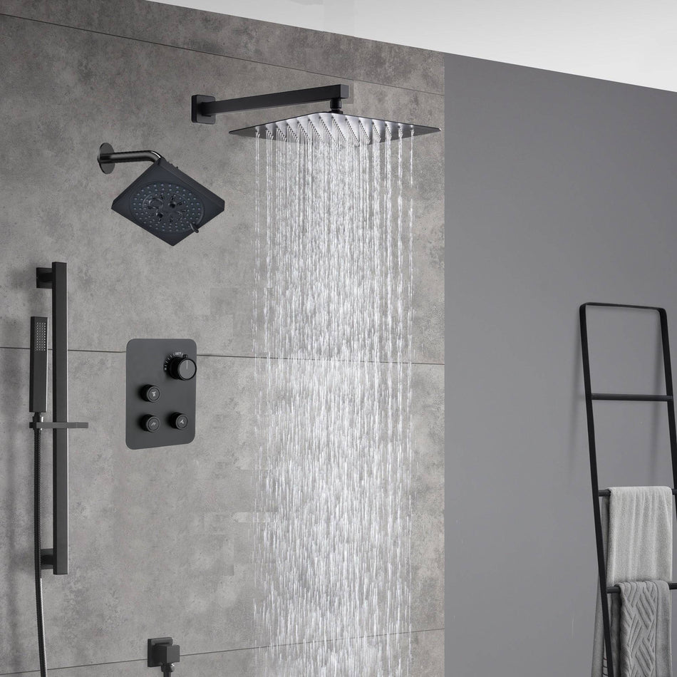 matte black Wall mount 12 inch or 16 inch rain head 3 way digital display thermostatic shower faucet with Regular head