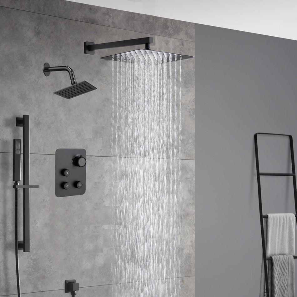 matte black Wall mount 12 inch or 16 inch rain head 3 way digital display thermostatic shower faucet with Regular head