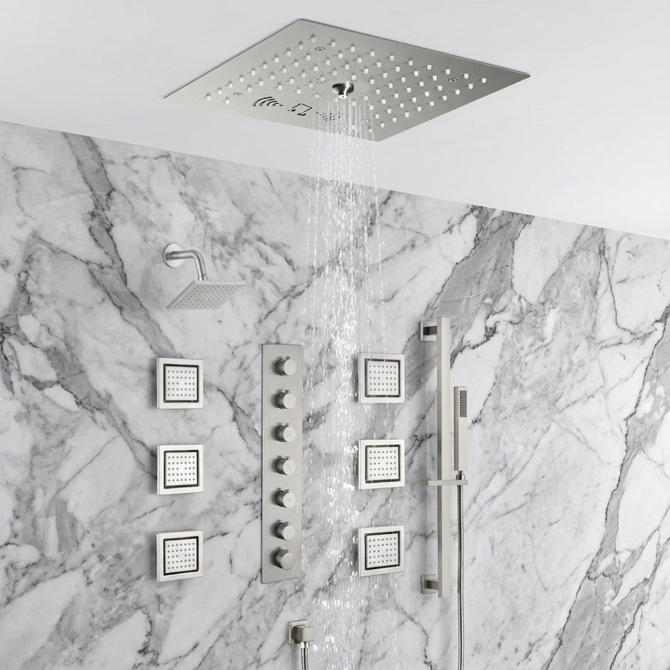 12 inch  flush-mount rainfall Mist shower systems 6 way thermostatic valve with 6 body jets and sliding bar and  regular head